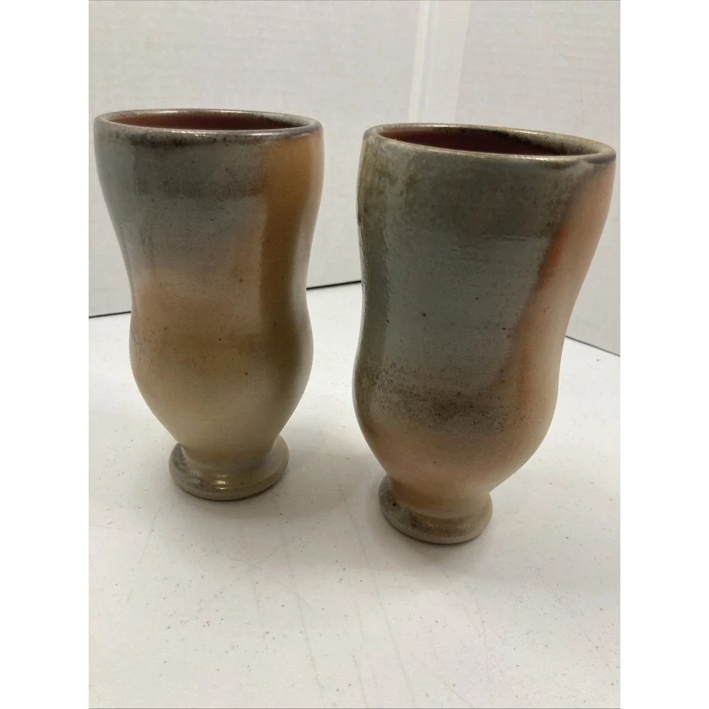 Signed Studio Art Pottery Footed Cups‎ Tumblers Wilson Salt Glaze